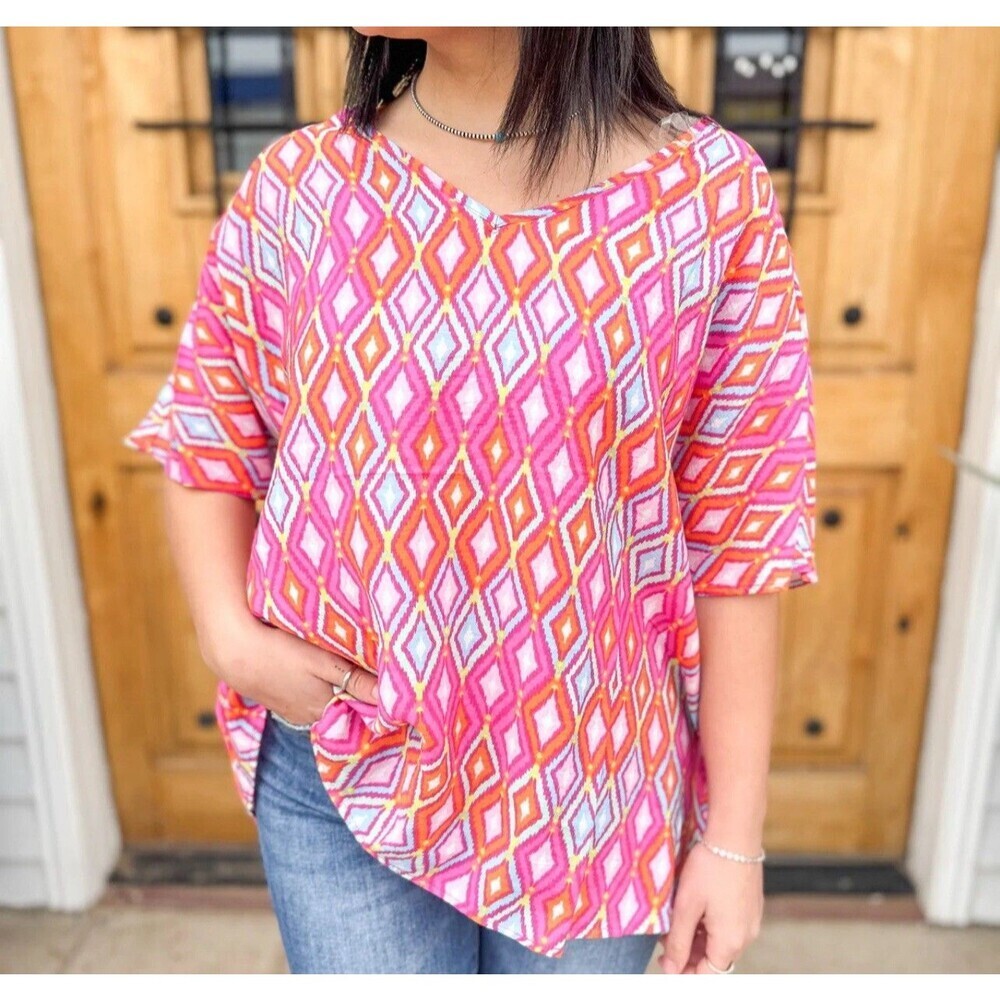 NWT Emily Wonder Oversized Blouse Tunic Geometric Print Pink & Orange Large